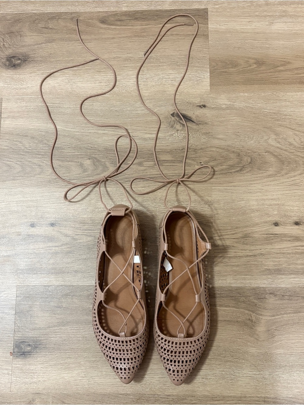 Lace-Up Pointed Toe Flats in Taupe